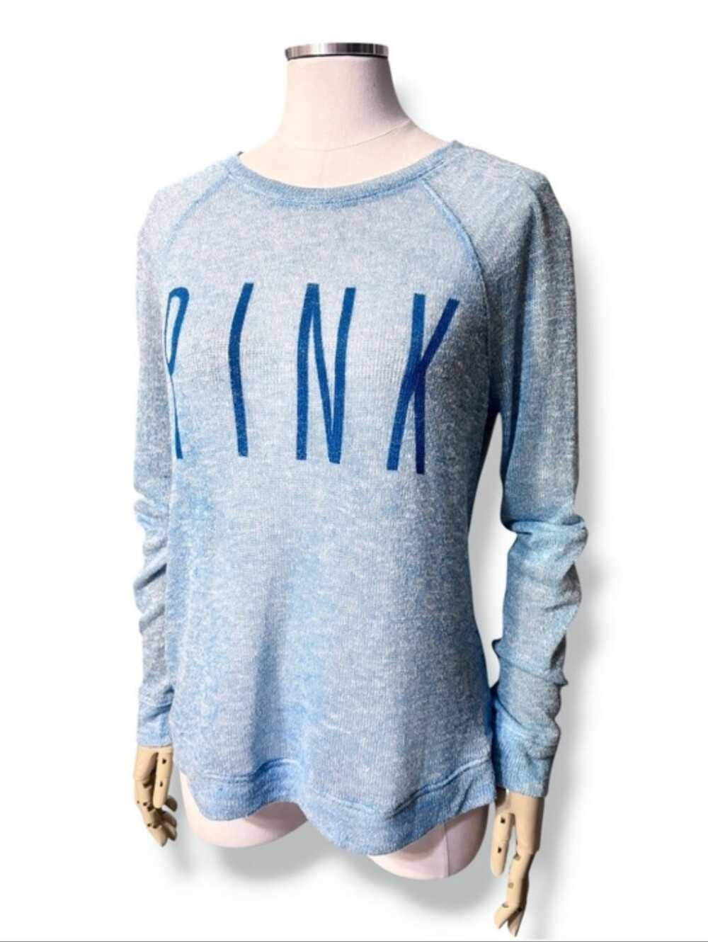 PINK VICTORIA’S SECRET Blue Lightweight Loose Knit Sweater “PINK” Spell Out